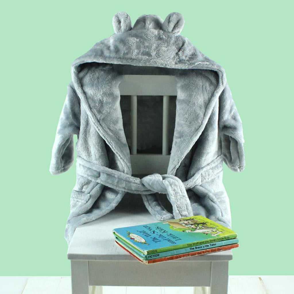 Grey Hooded Baby Dressing Gown with Bear Ears - Main Image