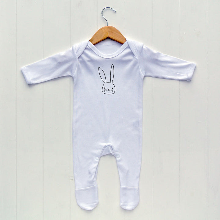 Baby Sleepsuit, White, Bunny Face Print - 0-3 months