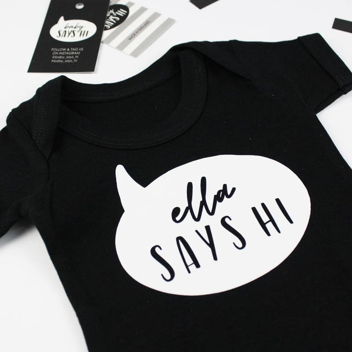 Baby Says Hi Personalised T shirt - Black