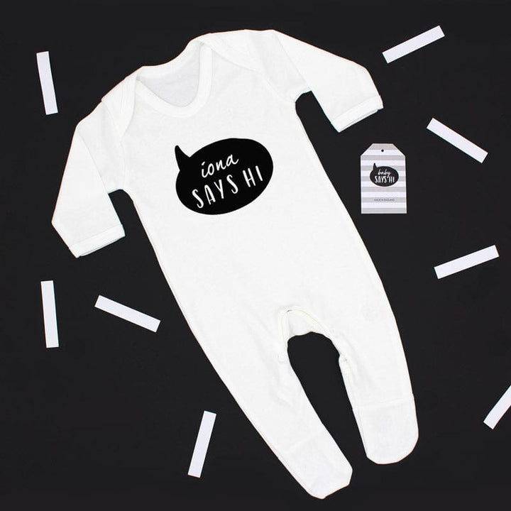'Baby Says Hi' Slogan White Sleepsuit, 0-3 months