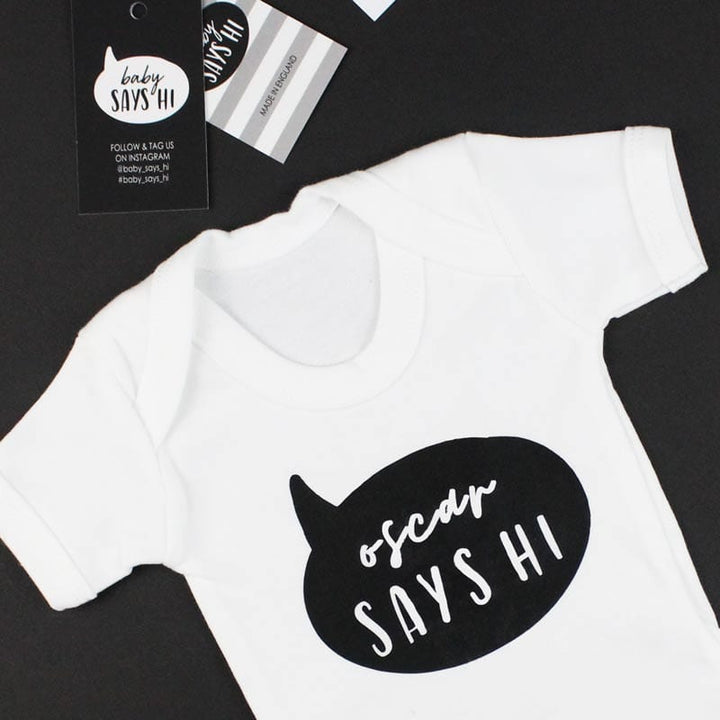 Baby Says Hi Slogan Personalise T-shirt - White