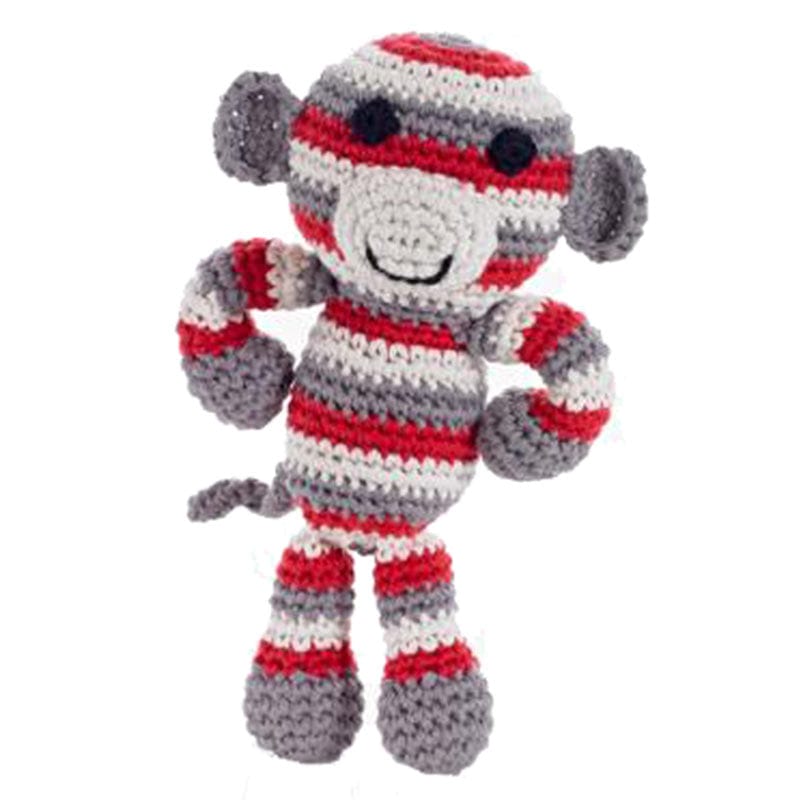 A striped red knitted monkey, with a very cheeky little face! Suitable from birth, babies will love his tactile knitted texture and stripe print. A toy to last for many years to come. Hand knitted using organic cottons in a fair trade environment. Size approx - 20cm 100% cotton