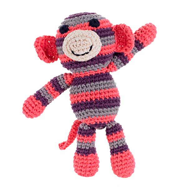 A striped coral, grey and white crochet monkey, with a very cheeky little face! Suitable from birth, babies will love his tactile knitted texture and stripe print. A toy to last for many years to come.  Hand knitted using organic cottons in a fair trade environment.  Size approx - 20cm  100% cotton    A bright funky little product that add's a lovely pop of colour to your present and just the right size for little hands.