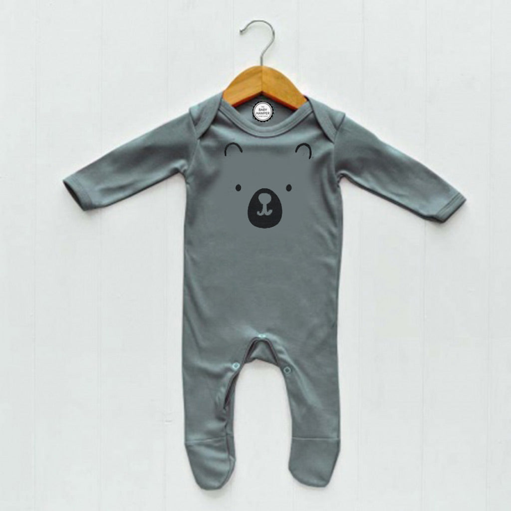 Newborn Baby Sleepsuit, Grey, Bear Face print