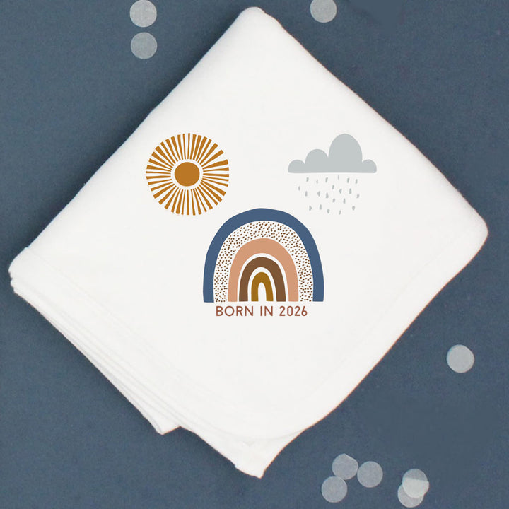 Born In 2026 Boho Rainbow White Cotton Baby Pram Blanket