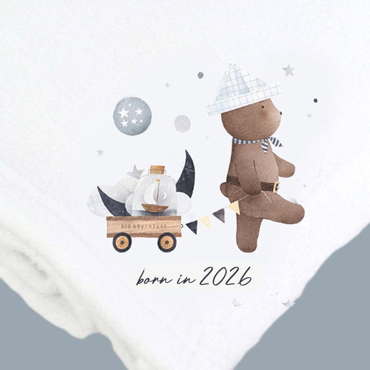 Born In 2026 Cute Bear White Cotton Baby Pram Blanket
