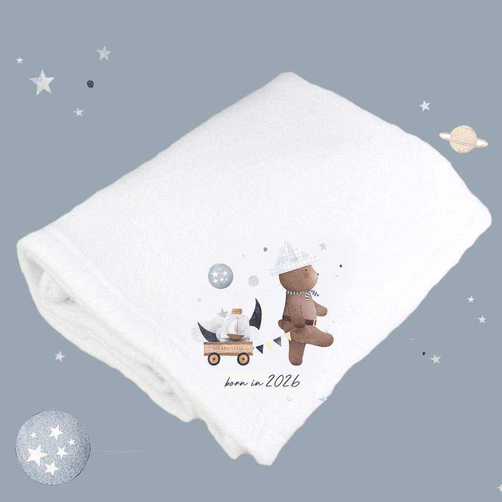 Born In 2026 Cute Bear White Cotton Baby Pram Blanket