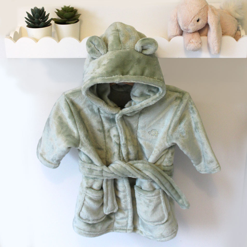 Sage Green Hooded Baby Dressing Gown with Bear Ears