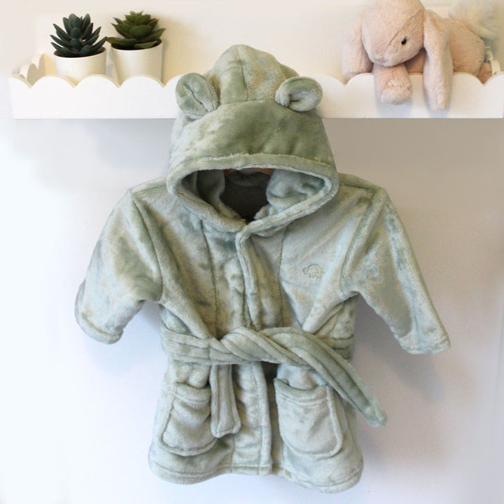 Sage Green Hooded Baby Dressing Gown with Bear Ears