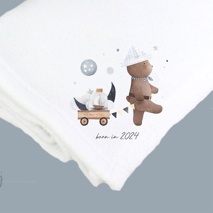 'Born In 2024...Let the Adventure Begin' White Cotton Baby Pram Blanket