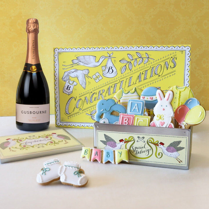 Luxury New Baby Biscuit & Champagne Gift Box by The Biscuiteers