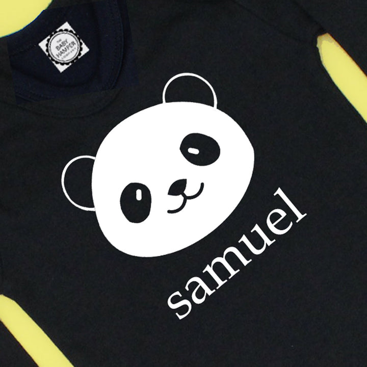 Personalised Panda Black Baby Sleepsuit, 0-3 Months