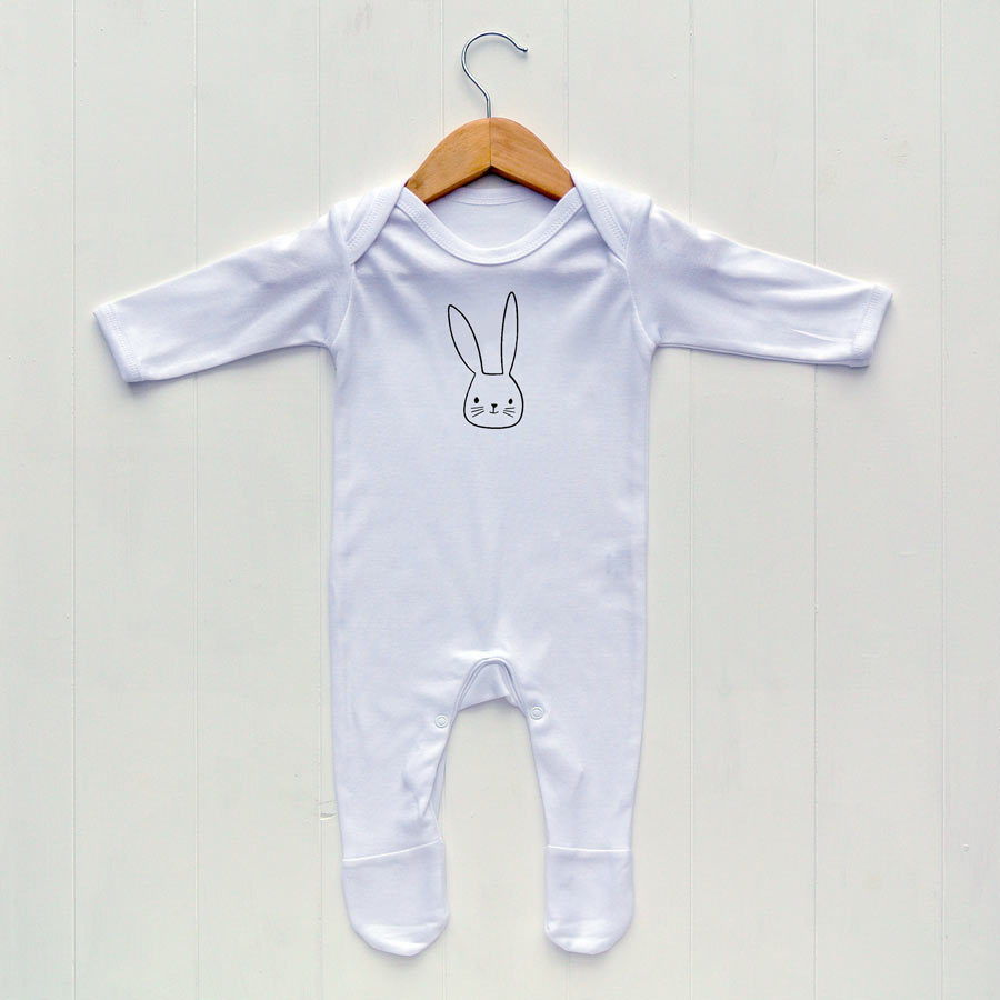 Baby Sleepsuit, White, Bunny Face Print - 0-3 months