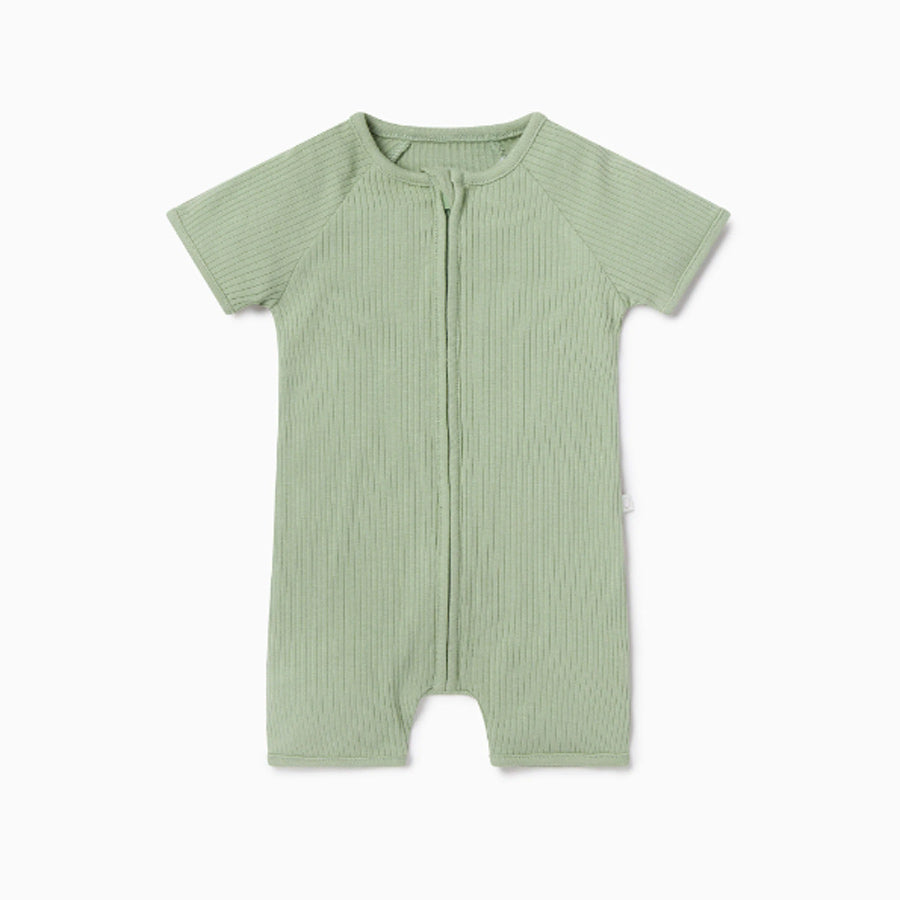 Baby Mori Ribbed Short Sleeve Sleepsuit - Sage Green, 0-3 months