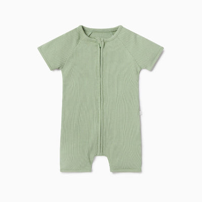 Baby Mori Ribbed Short Sleeve Sleepsuit - Sage Green, 0-3 months