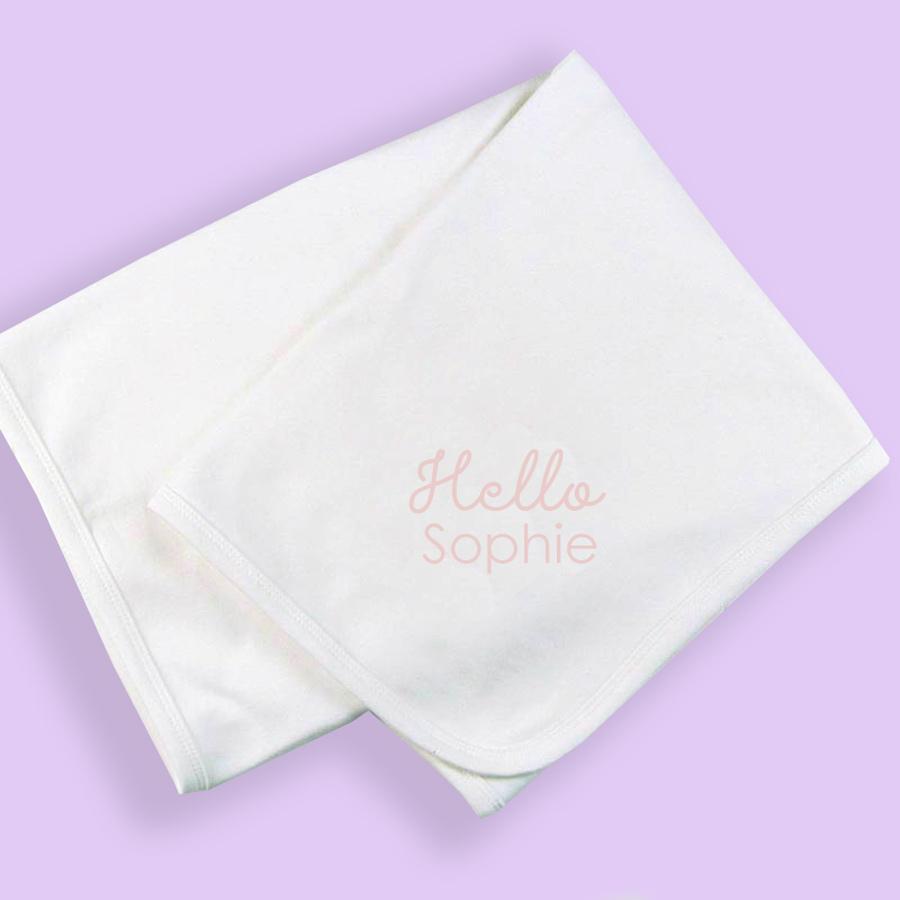 Personalised White 'Hello Baby' Pram Blanket