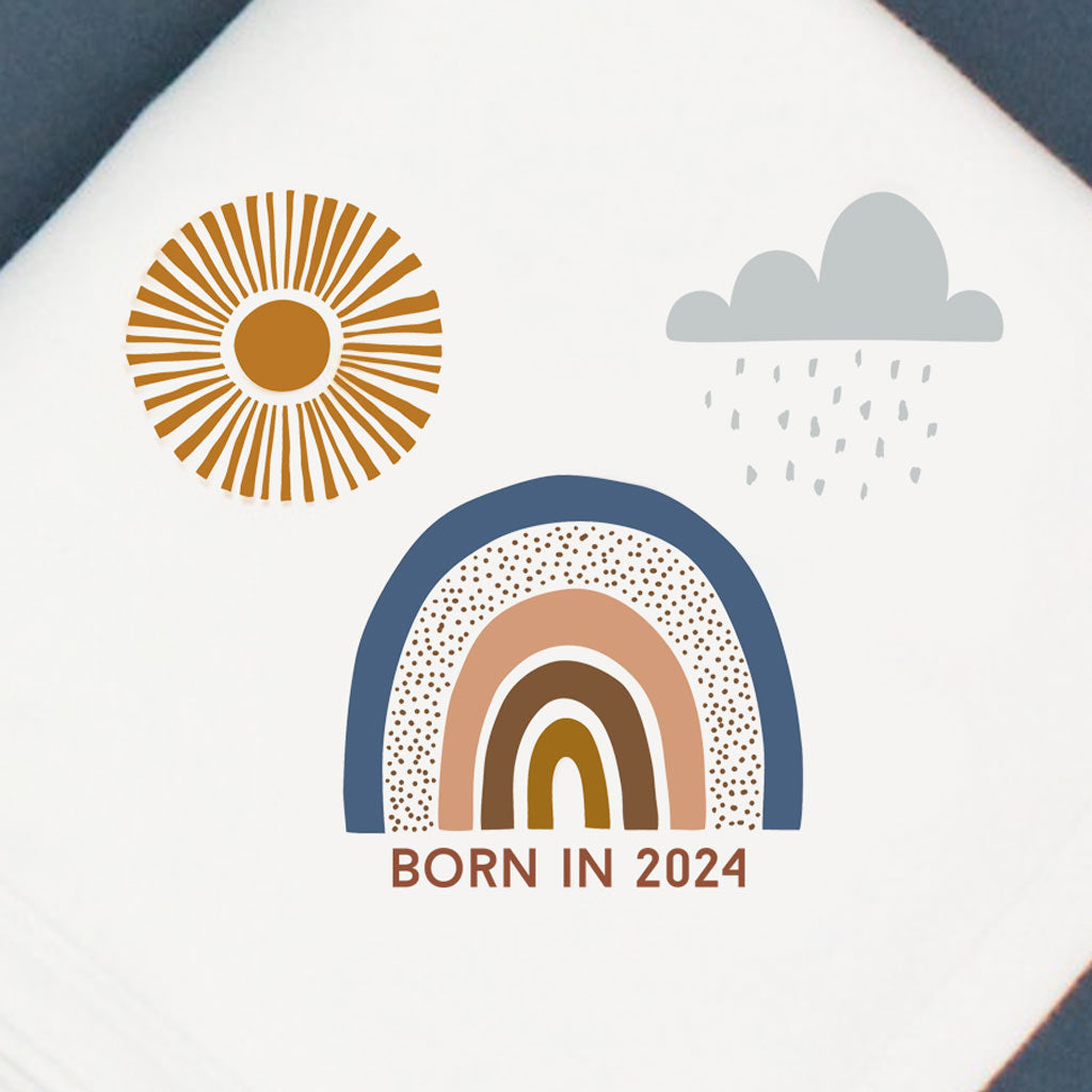 Born In 2024 Boho Rainbow White Cotton Baby Pram Blanket