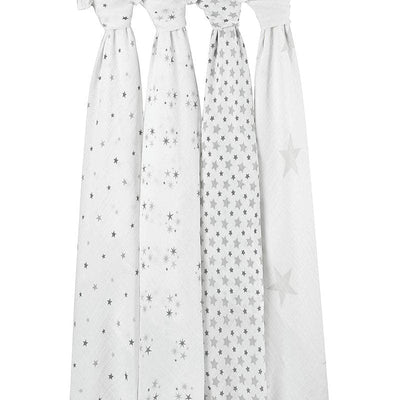 aden + anais Twinkle Stars Large Swaddle - Single. A single aden + anais designer 100% cotton muslin swaddling wrap with beautiful grey multi size star print (one of the four designs will be sent). Traditionally used for swaddling babies, these wraps can also be used for nursing, changing table covers, burping cloths, tummy time blankets and more - the ultimate all in one product, a newborn essential hamper gift.