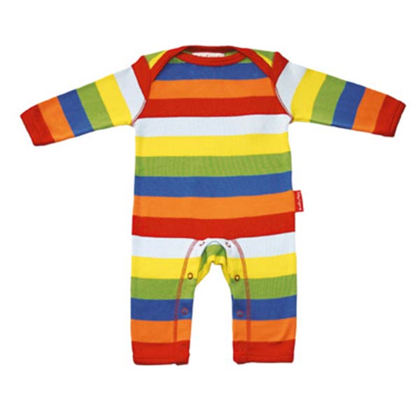 A really funky little item from British brand Toby Tiger, a multi stripe baby sleep suit.  Features footless design with popper fastenings underneath and envelop neckline, for easy baby changing.  Age size 0-3 months and manufactured from 100% ORGANIC cotton.