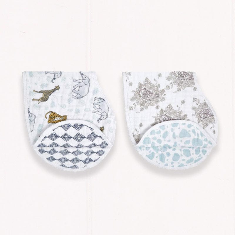 aden + anais Jungle Unisex Burpy Bib - SINGLE. The aden + anais Burpy Bib in Jungle print is cotton muslin bib that doubles as a traditional bib and burp cloth to keep you and your little one clean. The generously sized, absorbent fabric drapes over baby's shoulders and snaps at the back for a breathable bib that catches the sneakiest of side dribbles, or it can sit just over your shoulder for a no-slip burp cloth. These beautiful cloths get softer and softer the more they are washed.