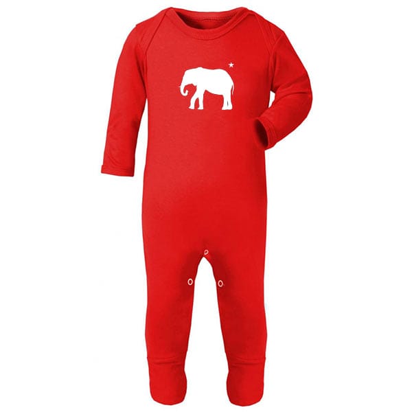 100% super soft bright red cotton sleep suit featuring white hand-printed elephant design.  Popper fastenings and built in scratch mitts, add to this really versatile new baby clothes range.  Age 0-3 months - all our clothing is 0-3 months, just so they last a bit longer!