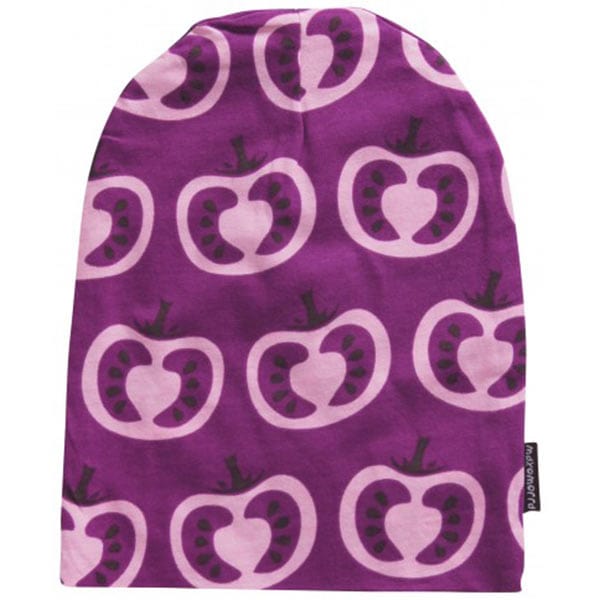 Beautiful bright print baby hat by Swedish designer baby brand Maxomorra  Supersoft 100% organic cotton unisex hat featuring bold purple with green detail Pomegranate design.  Age 0-6 months - all our clothing is 0-3 months, just so they last a bit longer!