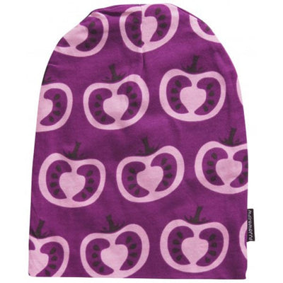 Beautiful bright print baby hat by Swedish designer baby brand Maxomorra  Supersoft 100% organic cotton unisex hat featuring bold purple with green detail Pomegranate design.  Age 0-6 months - all our clothing is 0-3 months, just so they last a bit longer!