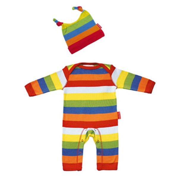 Funky clothing set by British designer brand Toby Tiger. Gorgeous bright hat and sleep suit, so your newborn will really stand out from the crowd.  Multi colour stripe design suitable for boys or girls, and to fit age 0-3 months. Made from 100% Organic cotton.