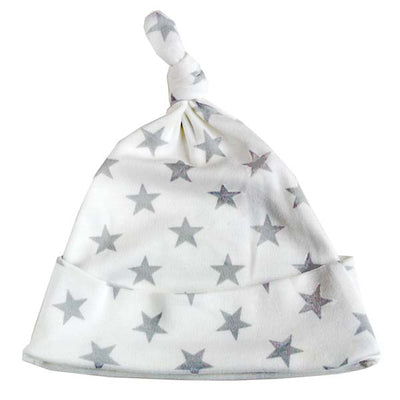 Age 0-6 months    100% Cotton    Made in the UK    Unisex    A newborn baby essential, a little soft cotton hat, perfect for the leaving hospital outfit. Team this with any of our other grey star print selection and you're onto a winner!  Knotted on the top design.