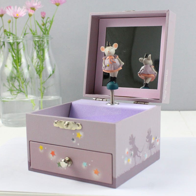 A beautiful little jewellery box, decorated with a magical mouse theme.  From luxury French toy brand Moulin Roty, this keepsake musical jewellery box plays the most delightful tune when opened with a pop up dancing magician mouse. With storage for all your little girls precious jewellery, a mirrored back and a hidden little draw, this little box will provide hours of fascination.