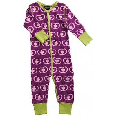 Gorgeous bright designed romper suit by Swedish designer baby brand Maxomorra.  100% super soft organic cotton unisex romper suit featuring bold purple with green detail Pomegranate design.  Features popper fastenings to the front and open foot design.  Age 0-3 months - all our clothing is 0-3 months, just so they last a bit longer!