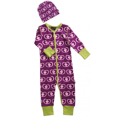Beautiful bright unisex newborn baby clothes gift set by design Scandinavian brand Maxomorra. Have your newborn baby stand out from the crowd with this gorgeous bright hat and sleep suit set.  Purple pomegranate design suitable for boys or girls, to fit age 0-3 months