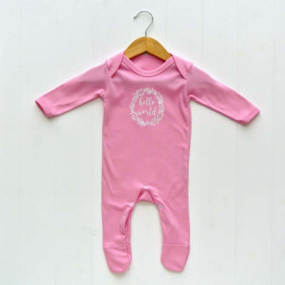 Newborn Baby Girls Sleepsuit, Pink, 'Hello World' Print