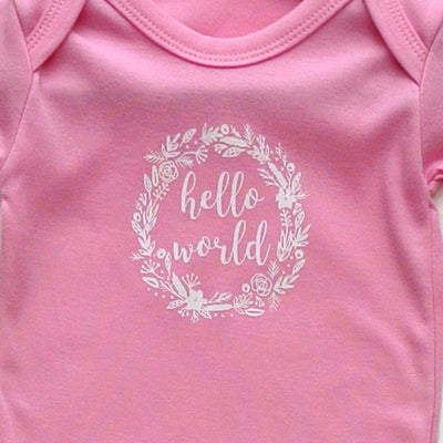Newborn Baby Girls Sleepsuit, Pink, 'Hello World' Print