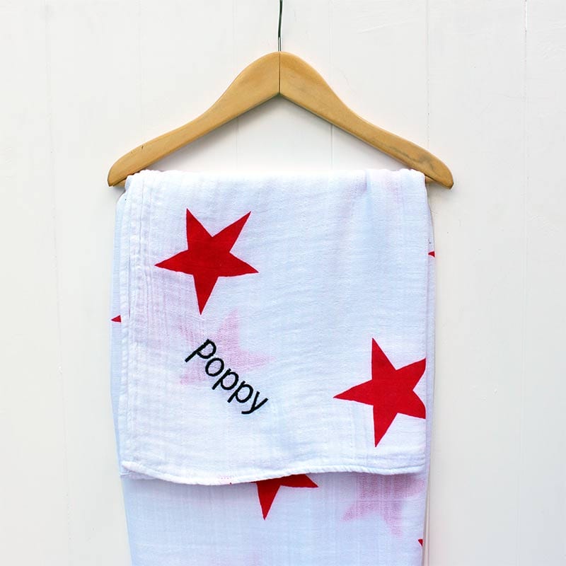A super soft swaddle blanket from our favourite designer brand, aden + anais. With its bold star print and your baby's name embroidered on the front, this couldn't help but be a gift to impress!  aden + anais swaddle blankets are large pieces of cotton muslin that are used to tightly wrap newborn babies (a comforting experience for them, similar to that pre-birth).