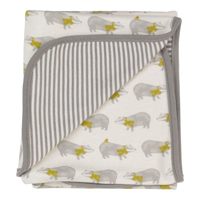 Beautiful unique badger and stripe print, unisex luxury baby blanket by British baby clothing line Pigeon Organics  100% organic brushed cotton. Double thickness cotton gives these blankets a really luxurious and high-quality feel.   Reversible unisex design, with grey piping to edges for a real designer look.