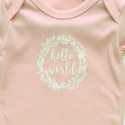 Newborn Baby Girls Sleepsuit, Blush Pink, 'Hello World' Print