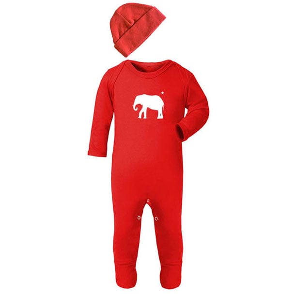 Gorgeous bright red unisex matching baby clothes set by The Baby Hamper Company. Comprising a 100% cotton sleep suit (0-3 months) and 100% cotton hat (age 0-6 months).  Exclusively designed and manufactured in the UK for The Baby Hamper Company. Add one to one of our baby hampers today and you won't be disappointed.