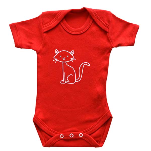 Bright Red Cat Handprinted Baby Bodysuit