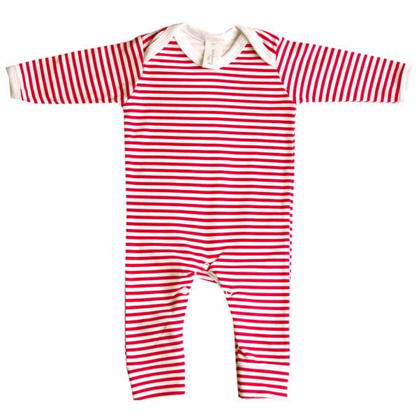 A striking contrast design of red and white, that works equally well for a boy or girl! A super soft romper suit, featuring popper bottom and envelope neckline with a stripe print.   Mix and match with the other products in the range, from hats to bodysuits, blankets to bibs, we have it all.
