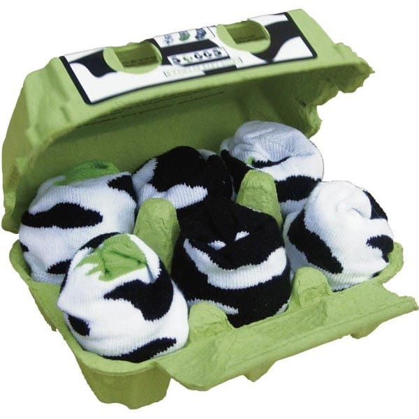 The Xplory Soggs baby socks are a real eggbox, cleverly filled with six pairs of fun  cow print designs. The unique presentation makes them perfect for new parents who want to stand out from the crowd but also provide their little one some cool incentives too!  These socks are super soft for your little ones' delicate skin they come in an awesome presentation which will make them smile every time!
