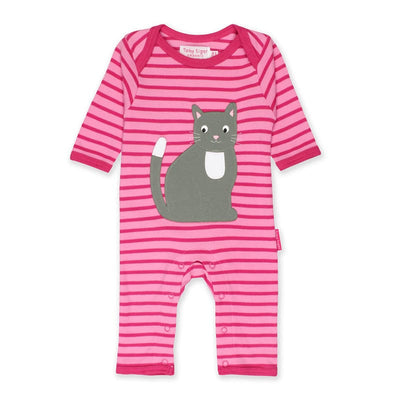 A beautifully pretty pink baby romper suit designed especially for little girls.  Made by the brand Toby Tiger who make designer baby wear from organic cottons.  Pale pink and bright pink bold stripes, with pink edging detail and a super cute little cat design appliqued to the front and back.  Age 0-3 months.