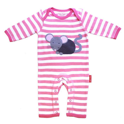 A beautifully pretty pink baby romper suit designed especially for little girls.  Made by the brand Toby Tiger who make designer baby wear from Organic Cottons..  Pale pink and bright pink bold stripes, with pink edging detail and a super cute little mouse design appliqued to the front.  Age 0-3 months.