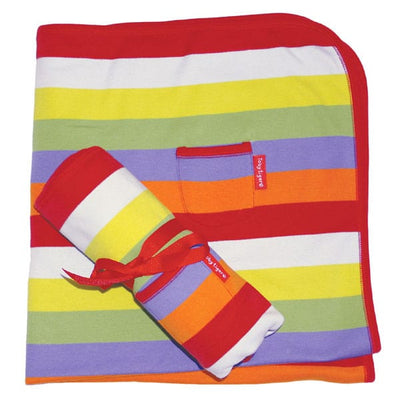 Bold stripe design, unisex luxury baby blanket by British baby clothing line Toby Tiger  100% organic brushed cotton. Lovely thick fabric gives these blankets a really luxurious and high quality feel.   Unisex multi stripe design, with red piping to edges, and mini pocket details for a designer look.  Presented rolled up, with a ribbon around, and looks fantast