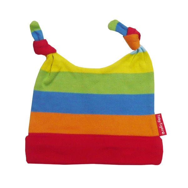Toby Tiger designer organic cotton beanie hat. Multi colour stripe so suitable for a boy or girl.  Made from 100% organic brushed cotton, with a lovely soft feel to the skin.  Turn up brim and double knotted top design.  Toby Tiger designs are bold, funky, eye catching, yet stylish, which are perfect for everyday use.