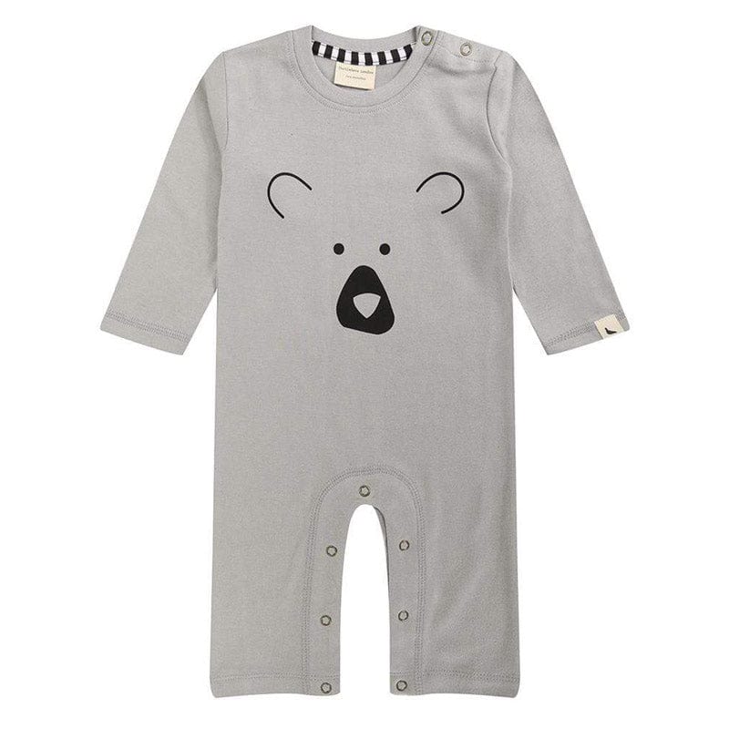 Neutral soft grey printed romper suit (or baby onesie), from designer baby clothing British brand, Turtledove London.  Soft organic cotton unisex design featuring playful bear face.  Features popper fastenings to the neck and open foot design.  Age 0-3 months - all our clothing is 0-3 months, just so they last a bit longer!