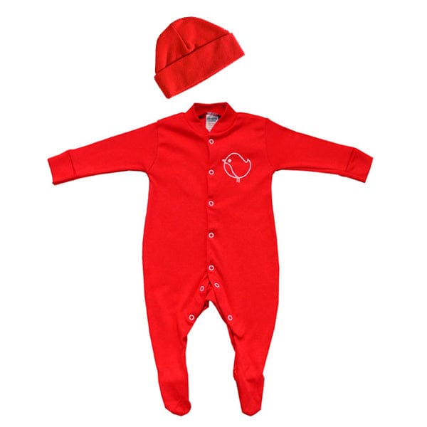 Gorgeous bright red unisex matching baby clothes gift set by The Baby Hamper Company. Comprising a 100% cotton sleep suit (0-3 months) and 100% cotton hat (age 0-6 months).  Exclusively designed and manufactured in the UK for The Baby Hamper Company.Add one today to one of our baby gift boxes.