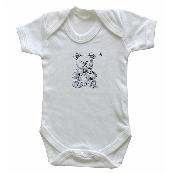 White Baby Bodysuit with printed Teddy Bear